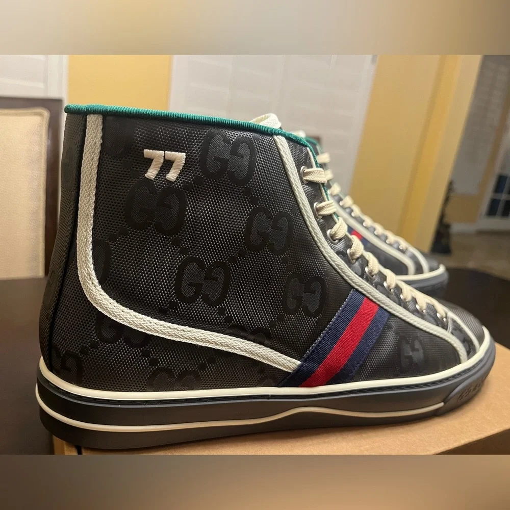 New Gucci Tennis 1977 GG Supreme Logo Gray High Sneaker Shoes UK 13 / US 13.5 - Picture 4 of 16